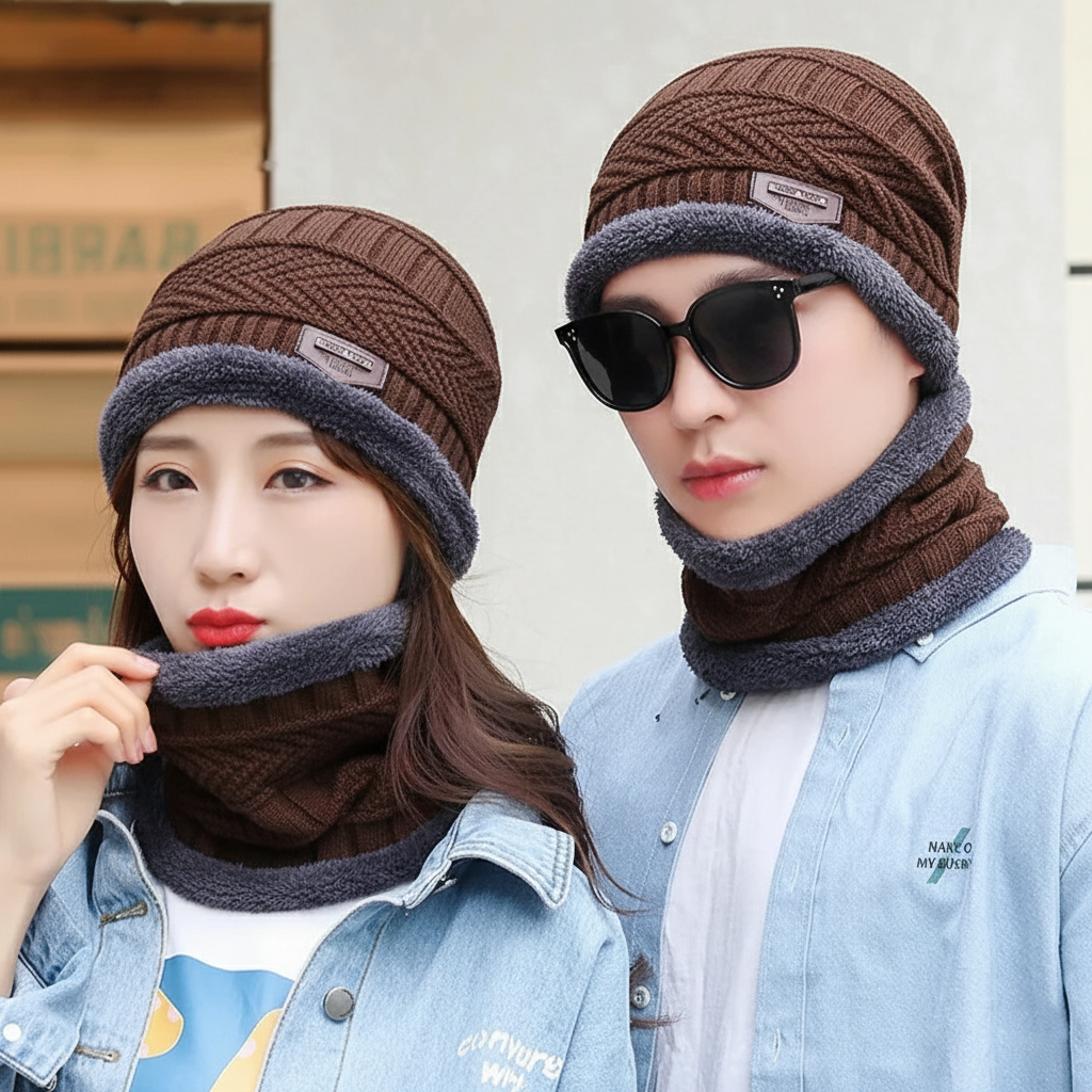 Wool cap with neck warmer for men women